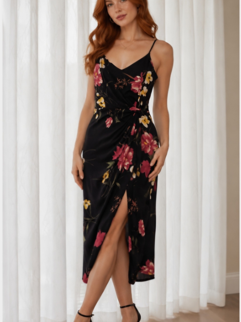 Nine Britton Floral Black Slip Midi Dress with Pink & Yellow Blooms